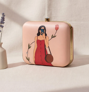 Luxury Peach Portrait Printed Clutch Selfie Girl Design Metal <b>Frame</b> Hard Case with Raw Silk Lining and Crystal Lock - Product Image 1