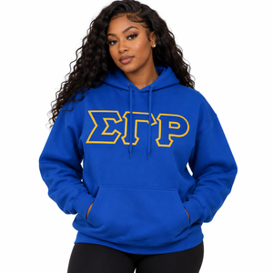 เสื้อฮู้ดสีเหลืองทอง Sigma Gamma Rho พร้อมดีไซน์ตัวอักษรกรีกแบบนูนสีน้ำเงิน มีเชือกผูกที่ฮู้ดและกระเป๋าแบบจิงโจ้ สำหรับเครื่องแต่งกายชมรมนักศึกษา - Product Image 1