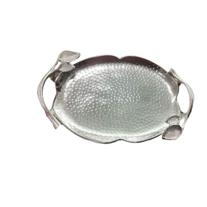 Elegant Designer Oval Shape Food <b>Serving</b> <b>Tray</b> Finest Quality Silver Metal <b>Tray</b> With <b>Gold</b> Leaf Design Handle For Hotel Supplies - Product Image 3