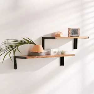 Mid Century Modern Wood Wall <b>Shelf</b> Set With Black Metal Rail Support Minimalist Solid Wood Floating <b>Shelf</b> For Home <b>Office</b> - Product Image 4