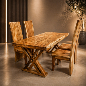 <b>Dining</b> Room Use Premium Quality Solid Suar <b>Wood</b> Modern <b>Rustic</b> Design Hot Sale Navi Straight Edge <b>Dining</b> Set <b>Table</b> 4 Block Chair - Product Image 5