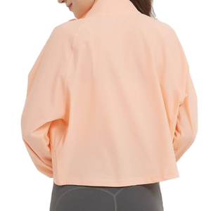 Women's Regular Fit 100% Nylon Four-Way Stretch <b>Yoga</b> <b>Jacket</b> with Front Logo Zipper Design Cropped Long Sleeve Sports Wear - Product Image 2