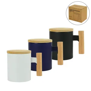 Mug à café minimaliste en céramique de 380 ml avec poignée et couvercle en bambou - Product Image 1