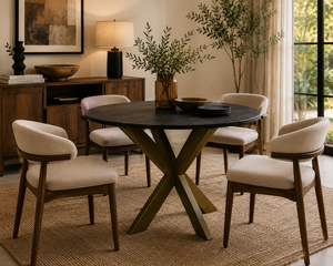 Modern Foldable Round Black <b>Marble</b> <b>Top</b> 4-Seater Dining Table with Metal X-Leg Base for Home or Commercial Use - Product Image 2