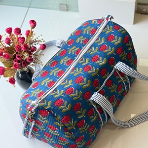 Blue Corduroy Duffle <b>Bag</b> With Red Floral Pattern Zipper Closure Weekender Travel <b>Bag</b> Portable Design - Product Image 1