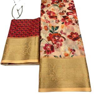 Collection de saris imprimés numériques en lin lourd pour adultes vêtements indiens et pakistanais avec bordure en jacquard doré - Product Image 1