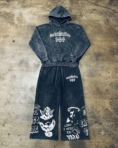 Custom Black Acid Washed 100% Cotton Breathable Quick Dry Eco-Friendly Streetwear Pullover <b>Hoodie</b> Wide Leg Sweatpants Set for - Product Image 1