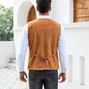 Gilet en cuir suédé vintage pour homme, style western cowboy, avec franges et pompons, boutons-pression, décontracté, OEM - Product Image 3