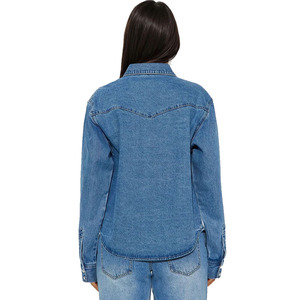 Fashionable Solid Knitted 100% Cotton Long Sleeve top High Quality Breathable Jeans <b>Shirts</b> Turn Collar Custom Logo for Women - Product Image 3