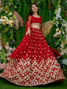 <b>Red</b> <b>Sequin</b> Embroidered Empire Waist A-Line Scoop Neck Solid Lehenga Choli Women Ethnic Dress Wedding Party Outfit - Product Image 4