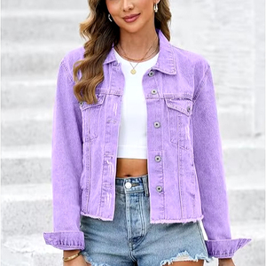Veste en jean violette pour femme, boutonnée, effet vieilli, en coton, coupe décontractée, printemps automne hiver, style vintage, respirante - Product Image 1