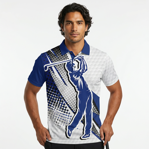 Polo de Manga Corta para Hombre, Estampado Azul y Blanco, Impresión Digital, Transpirable, Estilo Golf - Product Image 6