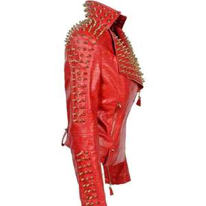 Red Sheep Skin Handmade Breathable Moto <b>Jacket</b> Gold Rivets Turn-down Collar Full Sleeve Zipper Closure Women's <b>Biker</b> Style - Product Image 3
