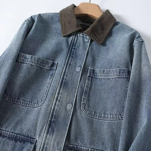 He She Wears Women's Stonewashed <b>Denim</b> <b>Jacket</b> Eco-Friendly Breathable Contrast Color Shoulder Patches Button Front Long Sleeve - Product Image 5