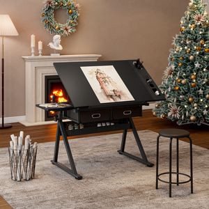 Tavolo da Disegno e Progettazione Regolabile Nero con 2 Cassetti per Casa, Ufficio e Scuola, Include Sgabello - Product Image 1