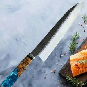 Couteau de chef moderne personnalisé fait main Burraq, lame en acier Damas, manche en bois de 8 pouces, étui en cuir, passe au lave-vaisselle - Product Image 3