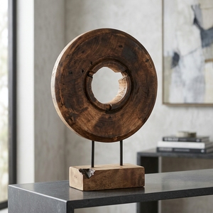 Lollypop Stand Handcrafted <b>Wooden</b> Ring Sculpture <b>Rustic</b> Tabletop Decorative Artwork Metal Stand Home Decor Display Accent Object - Product Image 3