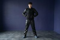 Veste varsity noire pour homme en polyester patchwork respirant avec col montant, style streetwear décontracté