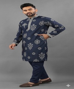 Kurta Pijama Azul Marino Bordado para Hombre, Traje Tradicional Étnico para Boda, Corte Regular, Largo hasta el Tobillo, SWASTIK-ALU ARJUN 85316 - Product Image 3
