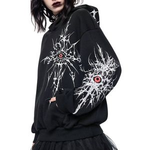 Sweat à capuche unisexe noir personnalisé, coupe oversize, avec motif œil rouge, en molleton épais, style gothique cyber streetwear - Product Image 3