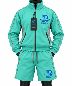 Ensemble court coupe-vent sport pour homme de qualité supérieure, vert, en polyester respirant, avec fermeture éclair intégrale et col montant, idéal pour le printemps - Product Image 1