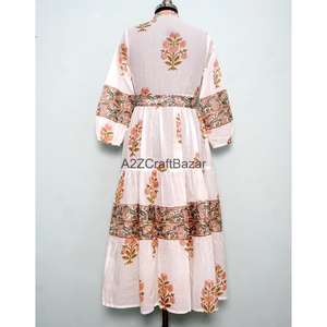 Robe longue en coton faite main, respirante, décontractée, vintage, pour l'été, à porter au quotidien, coupe ample, imprimé floral, col en V, manches longues, taille naturelle - Product Image 6