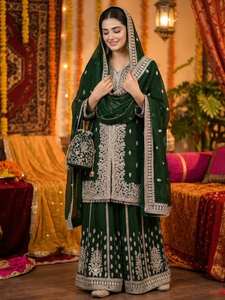 TOP PLAZZO Ensemble de soirée vintage avec dupatta, broderie à points de chaînette et sequins, et dentelle Latkan - Product Image 2