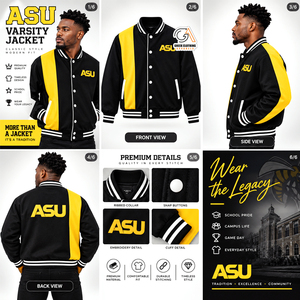เสื้อแจ็คเก็ต ASU Varsity สำหรับผู้ชาย สีดำ-เหลือง แต่งลายปักโลโก้ คอปกพับได้ สไตล์ลำลอง สำหรับฤดูใบไม้ผลิ - Product Image 5