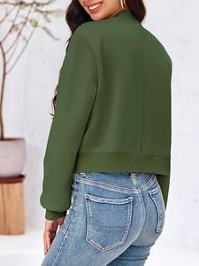 Chaqueta Bomber Verde para Mujer, Color Sólido, Cuello Alto, Manga Larga, Cierre de Botones, Ropa Exterior Informal, Bolsillo con Parche, Material de Poliéster - Product Image 4