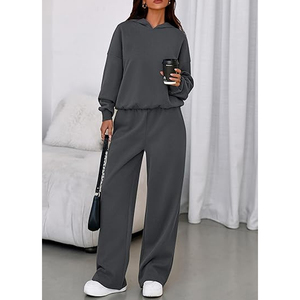 Ensemble sweat à capuche et pantalon de jogging en mélange de coton premium pour femme, tenue décontractée et confortable en molleton, couleur unie, coupe oversize - Product Image 2