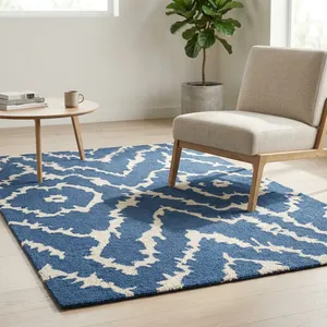 Tapis moderne en jute Ikat écologique, épais et rembourré, rectangulaire, bleu beige, tufté à la main, à poils ras, avec envers antidérapant en latex, pour la maison - Product Image 2