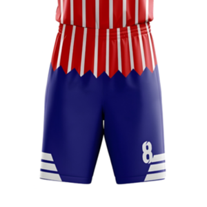 Ensemble d'uniformes de basketball personnalisés pour hommes, bleu, rouge et blanc, maillot sans manches à col en V, short à rayures, nom et numéro de l'équipe, kits en gros - Product Image 6