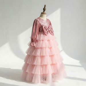 NUEVO Vestido de Princesa de Tul con Lentejuelas Rosadas y Lazo, de Manga Larga y Capas, para Niñas, Ideal para Cumpleaños y Día de la Madre - Product Image 3