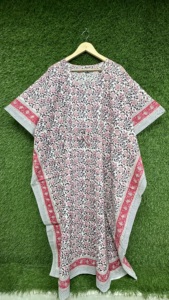 Robe Kaftan Bohème en Coton pour Femme, Imprimé Floral, Col en V, Taille à Cordon, Manches Larges, Parfaite pour la Plage, les Vacances et les Soirées - Product Image 4
