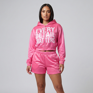 Ensemble short et sweat à capuche en polyester pour femme, imprimé lettres, deux pièces, avec short de survêtement imprimé et sweat court zippé - Product Image 6