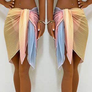 Gradient Color Chiffon Asymmetric Sarong Cover Up Mini <b>Skirt</b> Breathable Sheer Layer Natural Waistline Sleeveless - Product Image 1