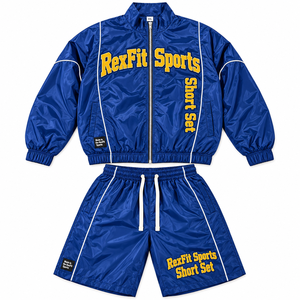 Ensemble court d'été léger en nylon Rexfit Sports personnalisé, veste zippée intégrale avec détails passepoilés, violet, streetwear, deux pièces, unisexe - Product Image 3