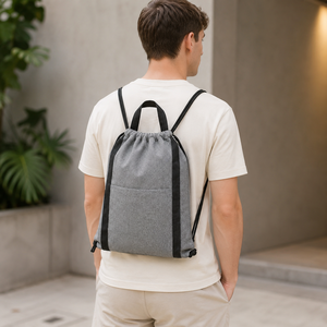 Recycled Cotton <b>Drawstring</b> <b>Backpack</b> 225 GSM Grey Front Pocket Carry Handle Custom Logo Wholesale OEM Private Label Manufacturer - Product Image 4
