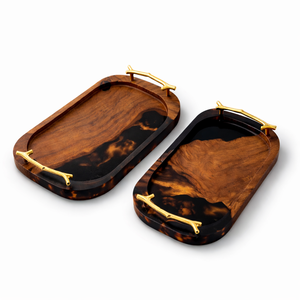 Bandeja de madera artesanal de gran venta con incrustaciones de resina verde y asas doradas, bandeja de servir con borde natural para mesa de cocina o comedor. - Product Image 6