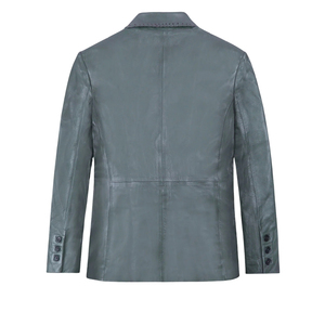 <b>Men's</b> Gray Genuine <b>Leather</b> <b>Blazer</b> Slim Fit Single Breasted Turn Down Collar Jacket - Product Image 2