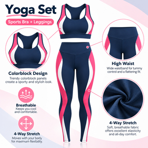 <b>Women</b> Athletic Colorblock Gym Set Racerback Support Sports Bra High Waist Panel <b>Leggings</b> Running Fitness Training Wear Wholesale - Product Image 6