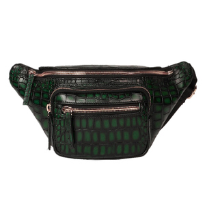 Sac banane unisexe en cuir véritable motif alligator vert, résistant à l'eau, avec compartiments zippés, pour le voyage - Product Image 1