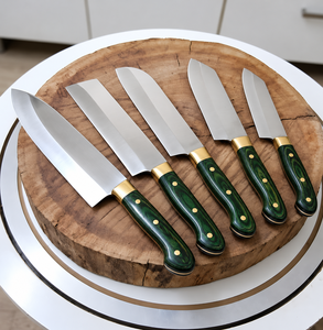 Juego de Cuchillos de Chef de Acero Inoxidable de 5 Piezas Hechos a Mano por PAK ENTERPRISES, Mangos de Madera Ambidiestros, Hojas Extra Afiladas y Pulimentadas, con Estuche de Cuero - Product Image 4