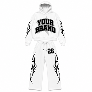Conjunto de Sudadera con Capucha Blanca Extra Grande y Pantalones Deportivos con Estampado de Llamas Tribales, Traje de Dos Piezas Estilo Urbano Unisex - Product Image 2