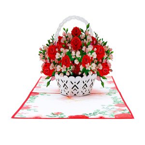 Carte de vœux 3D en forme de panier de fleurs avec des roses rouges et des fleurs roses pour un cadeau de la Saint-Valentin - Product Image 3