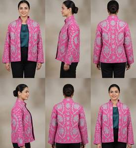 <b>Pink</b> Floral Embroidered Cotton Breathable Bomber Jacket Stand Collar Full Sleeve Elegant Autumn Women's Coat - Product Image 2