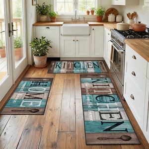 Turquoise Teal Non-Slip Kitchen Rug Set 3 Farmhouse Wood-Style Area Runners Washable Vintage Rustic Kitchen Mats - Product Image 1