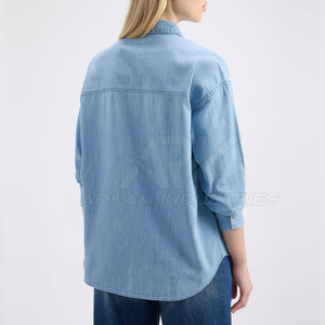 Camisa de Mezclilla de Manga Corta para Mujer, Cuello Alto, 100% Algodón Orgánico, Corte Ajustado, Ideal para Oficina, Estilo Casual de Verano - Product Image 3