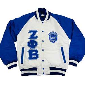 Chaqueta Bomber Blanca y Azul Zeta Phi Beta con Forro Personalizado, Bordado Chenille, para Mujer, Estilo Universitario Griego, con Botones a Presión, Prenda Premium - Product Image 1