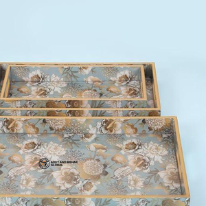 ชุดถาดเสิร์ฟตกแต่ง MDF 3 ชิ้น เคลือบเงาอย่างดี ลายพิมพ์ดอกไม้และนก ถาดไม้หรูหราสำหรับวางบนออตโตมัน - Product Image 2